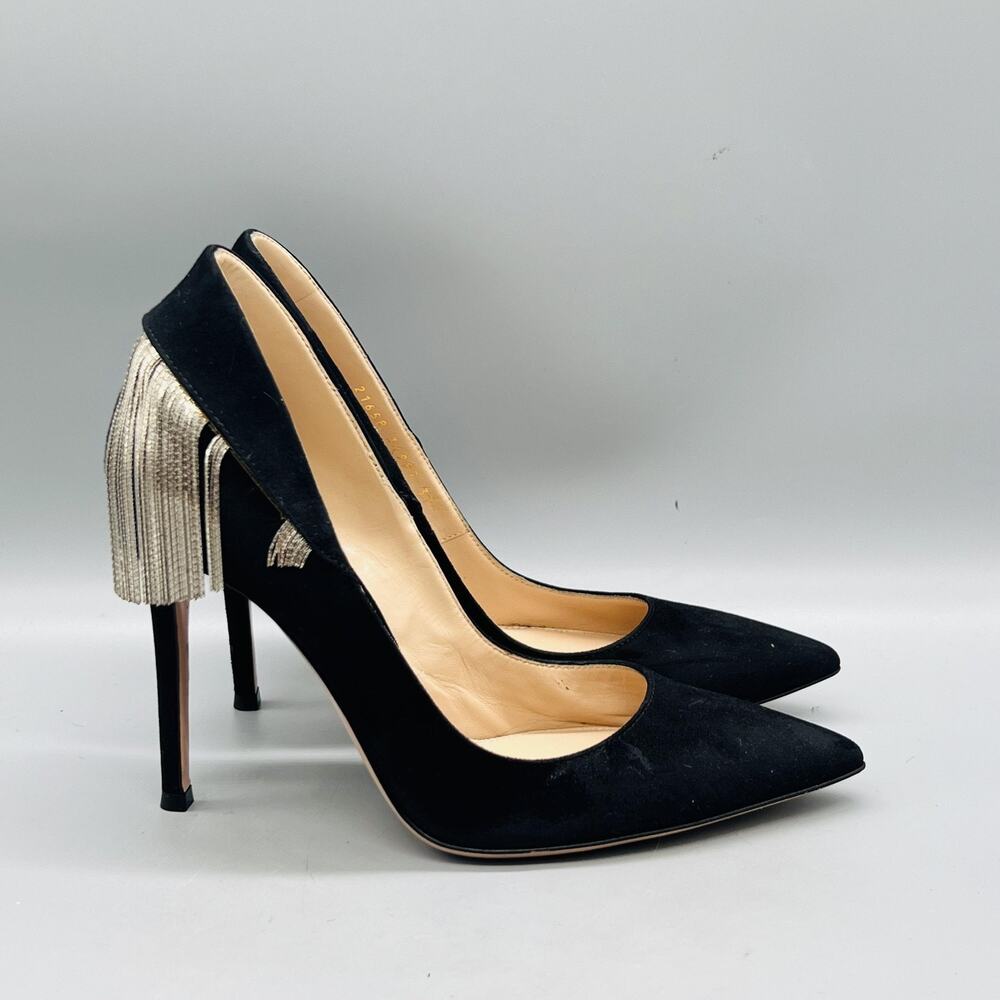 Gianvito Rossi Shoes Womens 7 Black Suede Fringe Stiletto Heel Pumps Pointed Toe